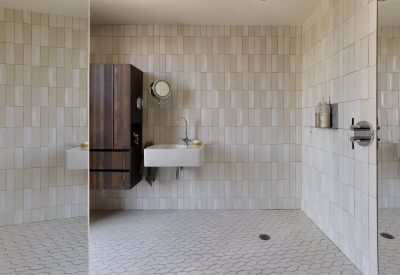 Interior view of the bathroom, on the third level of Zero Cottage in San Francisco.