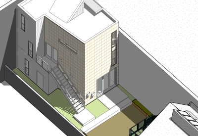 Exterior aerial rendering of Zero Cottage in San Francisco.