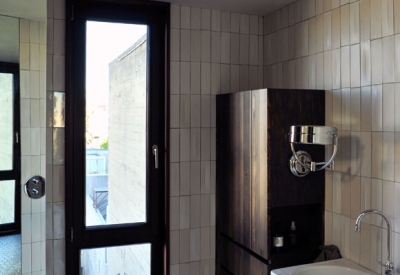 Interior view of the bathroom, on the third level of Zero Cottage in San Francisco.