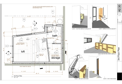 Third level, the sleeping and bathroom space, site plan for Zero Cottage in San Francisco.