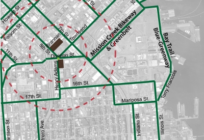 Bicycle aerial context for 855 Brannan in San Francisco.