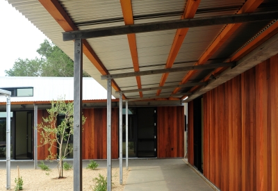 Exterior view of the covered walkways at Healdsburg Rural House in Healdsburg, California.