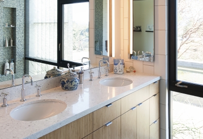 Bathroom counter and sink inside Healdsburg Rural House in Healdsburg, California.