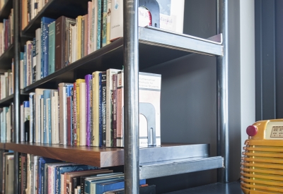 Detail of the bookshelf inside Healdsburg Rural House in Healdsburg, California.