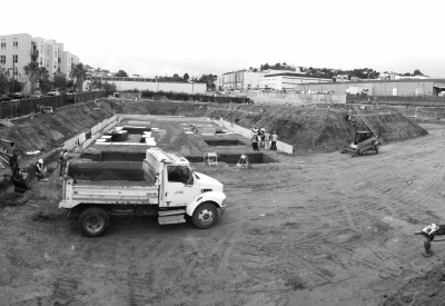 Panorama of basement construction for Dr. George Davis Senior Building in San Francisco.