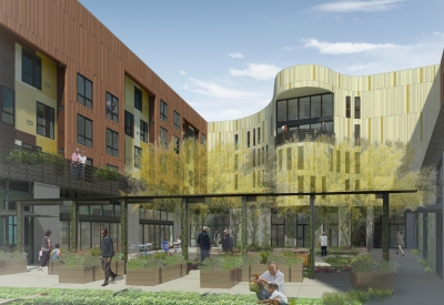 Rendered courtyard of Dr. George Davis Senior Building in San Francisco.