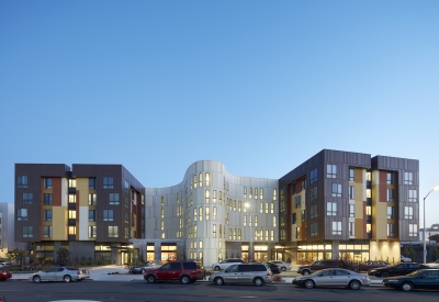 Street view of Dr. George Davis Senior Building in San Francisco at dusk..