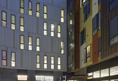 Entrance to Dr. George Davis Senior Building in San Francisco at night.