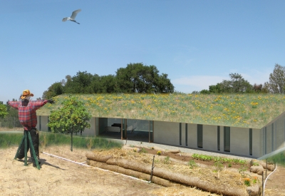 Exterior rendering of the Qc2 guesthouse with a green roof.