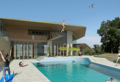 Exterior rendering of the Qc2 outdoor pool.