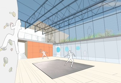 Interior rendering of the Qc2 fitness center with a rock wall, tennis court