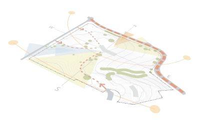 Aerial site diagram for Qc2 showing the views, wind, vegetation, noise, solar and movement.