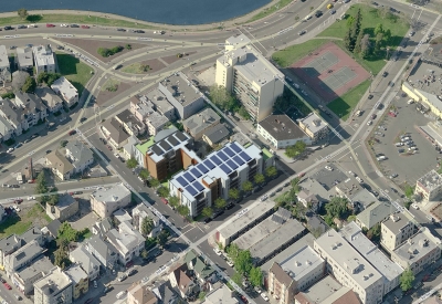 Rendered aerial view of Lakeside Senior Housing in Oakland, Ca.