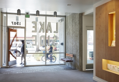 Entrance lobby inside Lakeside Senior Housing in Oakland, Ca.