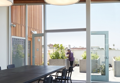 Community room looking out to the garden in Lakeside Senior Housing in Oakland, Ca