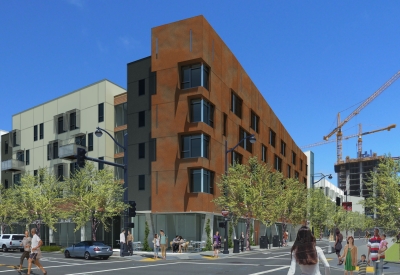 Rendered street view of Five88 in San Francisco.