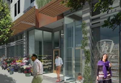 Rendered street retail view at Five88 in San Francisco.