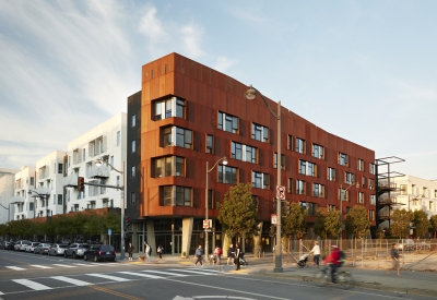 Corner street view of Five88, affordable housing in San Francisco