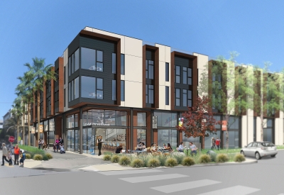 Rendering exterior of retail spaces at Mason on Mariposa in San Francisco.