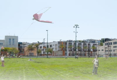 Rendered view of jackson playground with Mason on Mariposa in San Francisco in the background.