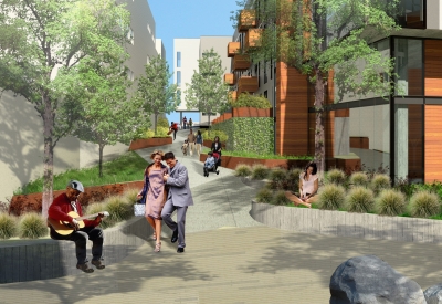 Rendering of the pedestrian greenway at Mason on Mariposa in San Francisco.