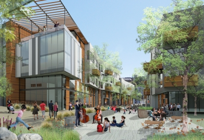 Rendering of the pedestrian greenway at Mason on Mariposa in San Francisco.