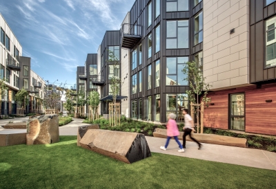 View of the mews and pedestrian greenway at Mason on Mariposa in San Francisco.