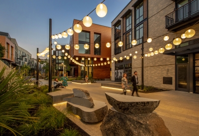 Pedestrian greenway during sunset at Mason on Mariposa in San Francisco.