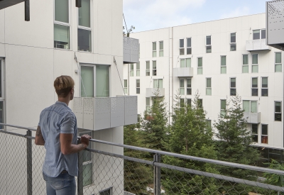 Looking out to the public open space at 855 Brannan in San Francisco.