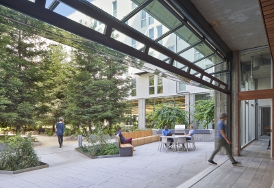 Looking out to the public open space from the town hall space in 855 Brannan in San Francisco.