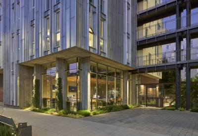 Entrance to public open space at dusk at 855 Brannan in San Francisco. 