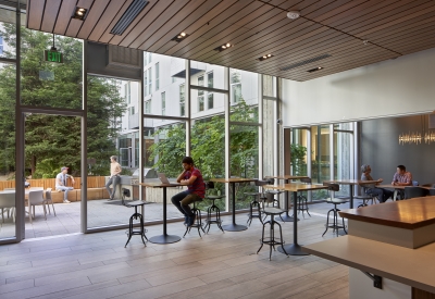 Community room looking out to the public open space in 855 Brannan in San Francisco.