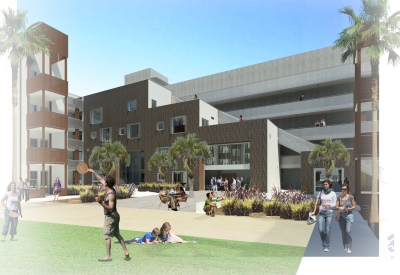 Rendering of the community space for Foundry Commons in San Jose, Ca. 