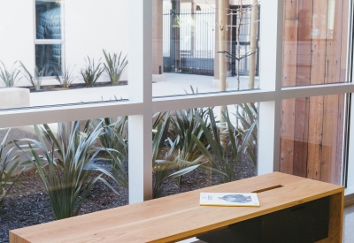 Custom bench in the leasing lounge at Foundry Commons in San Jose, Ca.