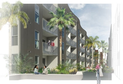 Rendering of pedestrian mews at Foundry Commons in San Jose, Ca. 