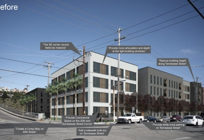 Exterior rendering of the corner of 789 Minnesota in San Francisco.