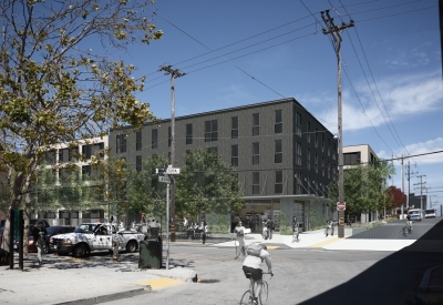 Exterior corner rendering of 789 Minnesota in San Francisco.