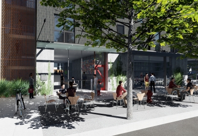 Rendering of the entry to 789 Minnesota in San Francisco, surrounded by public seating. 