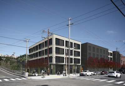 Exterior rendering of the corner of 789 Minnesota in San Francisco.