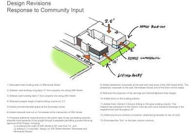 Diagram and list of design revisions for 789 Minnesota in San Francisco.