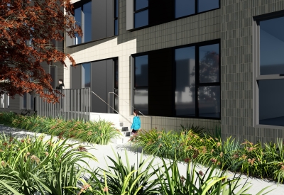 Detail rendering of a ground floor unit stoop for 789 Minnesota in San Francisco.