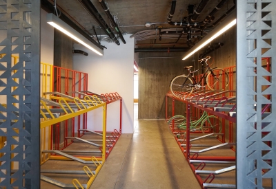 Interior view of bike room at 388 Fulton in San Francisco, CA.