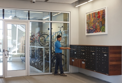 Bicycle parking and mailboxes inside Mayfield Place in Palo Alto, Ca.