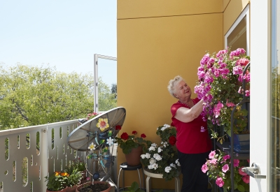 Residents balcony at Mayfield Place in Palo Alto, Ca.