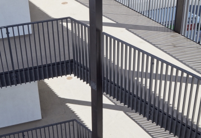 Open-air bridges of Pacific Pointe Apartments in San Francisco, CA.