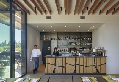 Rooftop bar inside Harmon Guest House over looking the Healdsburg mountains.
