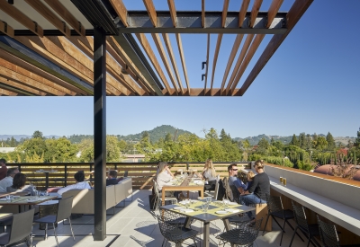 Rooftop terrace at Harmon Guest House over looking Healdsburg mountains.