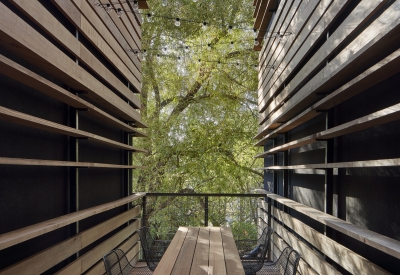 Balcony overlooking the trees inside Harmon Guest House in Healdsburg, Ca 