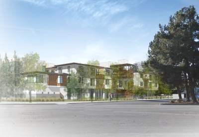Rendering of exterior view of Onizuka Crossing Family Housing in Sunnyvale, California.