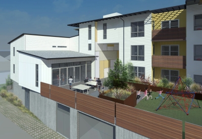 Rendering of exterior view of Onizuka Crossing Family Housing in Sunnyvale, California.